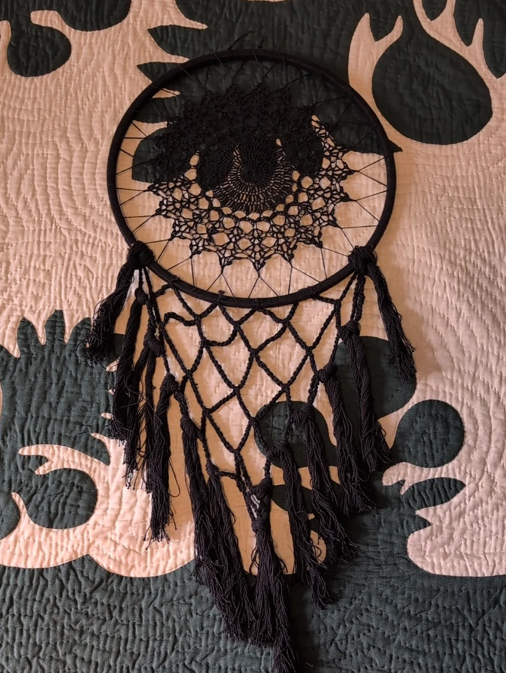 Black Crochet Dreamcatcher Wall Hanging - Home Bedding Accent Set Of 2